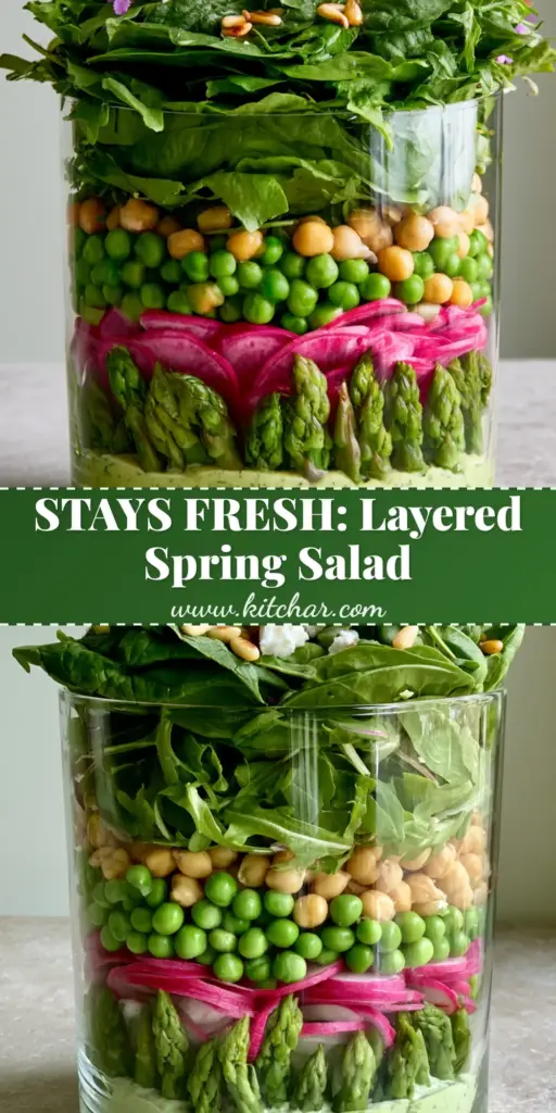 Layered Spring Salad with Creamy Herb Dressing 4 A tall glass cylinder bowl filled with a meticulously Layered Spring Salad, featuring creamy dressing, radishes, asparagus, and chickpeas.