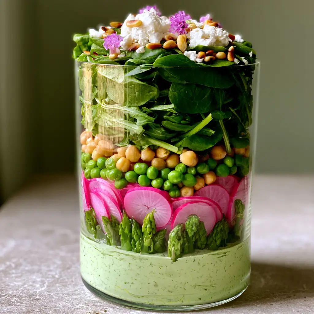 Layered Spring Salad with Creamy Herb Dressing 2 Close up of a Layered Spring Salad in a glass bowl with distinct layers of greens, feta, and edible purple flowers.