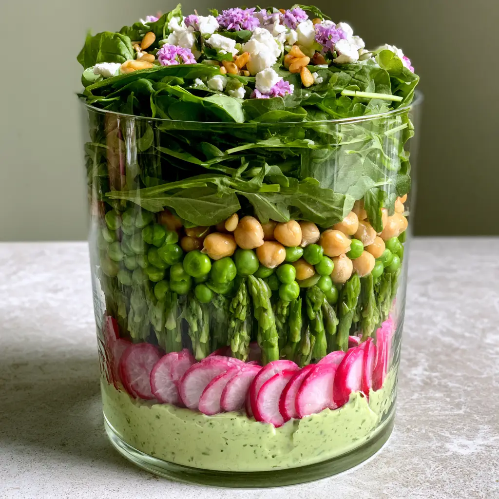 Layered Spring Salad with Creamy Herb Dressing 1 Handheld photo of a Layered Spring Salad on a stone countertop highlighting the emerald green asparagus and golden chickpeas.