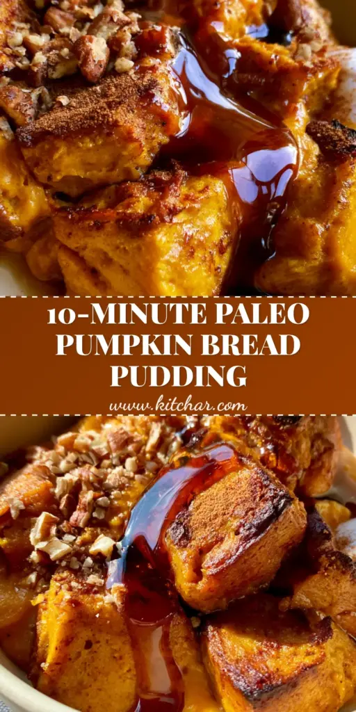 Paleo Pumpkin Bread Pudding: The Ultimate Cozy Grain-Free Dessert 4 A close-up of Paleo Pumpkin Bread Pudding in a matte bowl with a maple syrup drizzle and pecans.