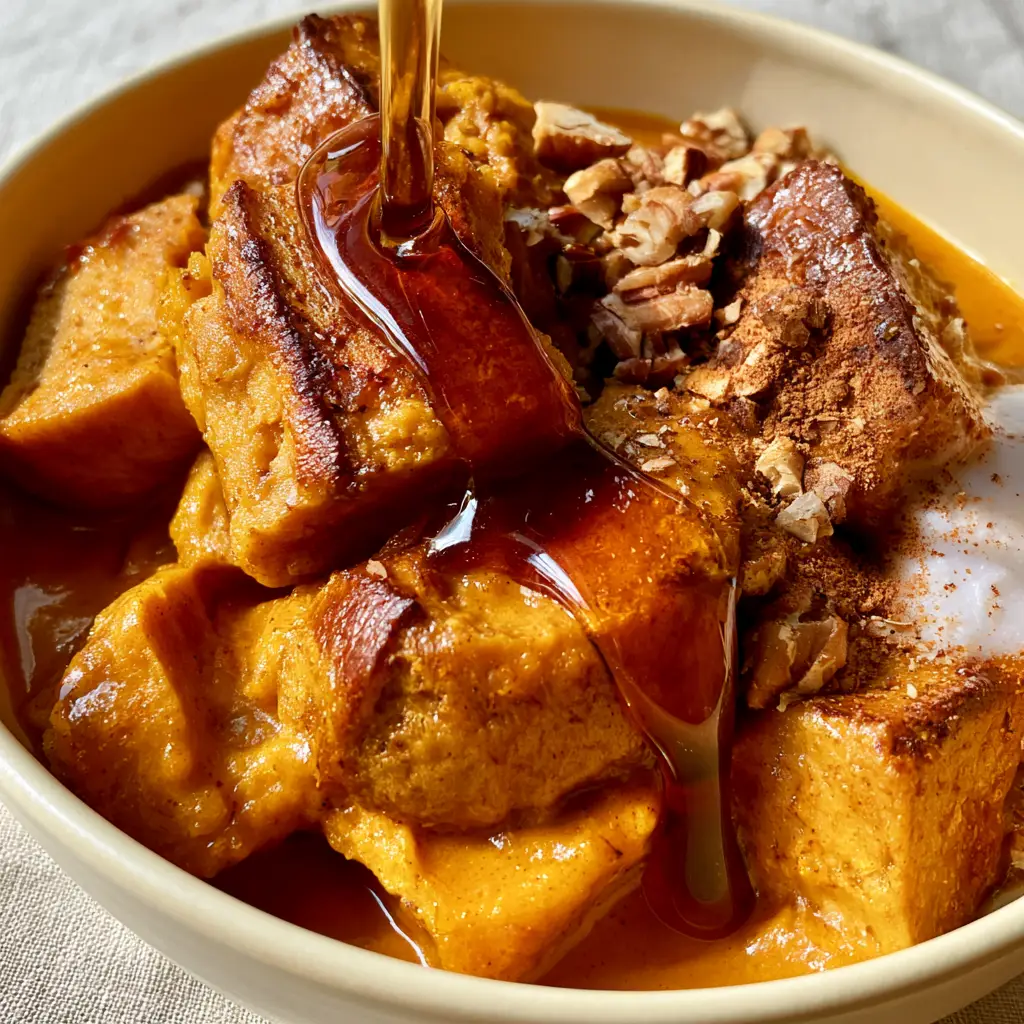Paleo Pumpkin Bread Pudding: The Ultimate Cozy Grain-Free Dessert 2 Detailed shot of golden-brown grain-free bread cubes in a vibrant orange pumpkin custard. (Paleo Pumpkin Bread Pudding)