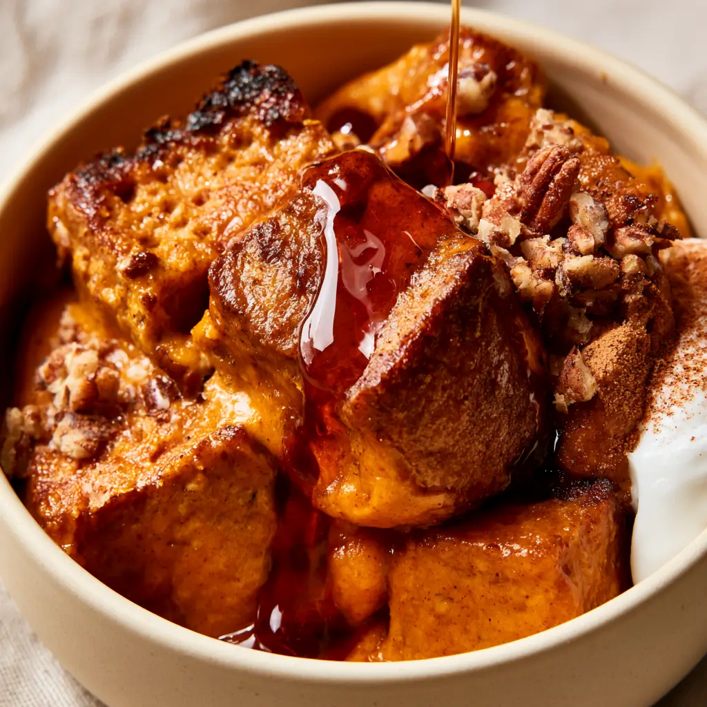 Paleo Pumpkin Bread Pudding: The Ultimate Cozy Grain-Free Dessert 1 Paleo Pumpkin Bread Pudding topped with glossy maple syrup, pecans, and a melting dollop of coconut cream.