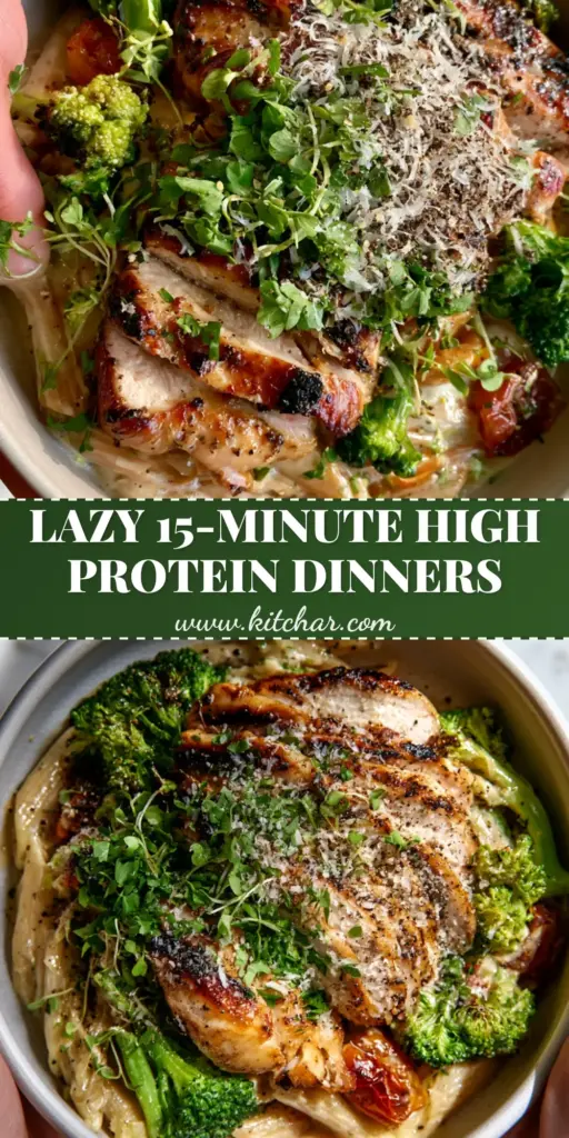 high protein clean eating meals: The Ultimate Lemon Garlic Chicken & Protein Penne 3 A high-protein pasta bowl featuring seared chicken, broccoli, and blistered tomatoes, perfect for high protein clean eating meals.