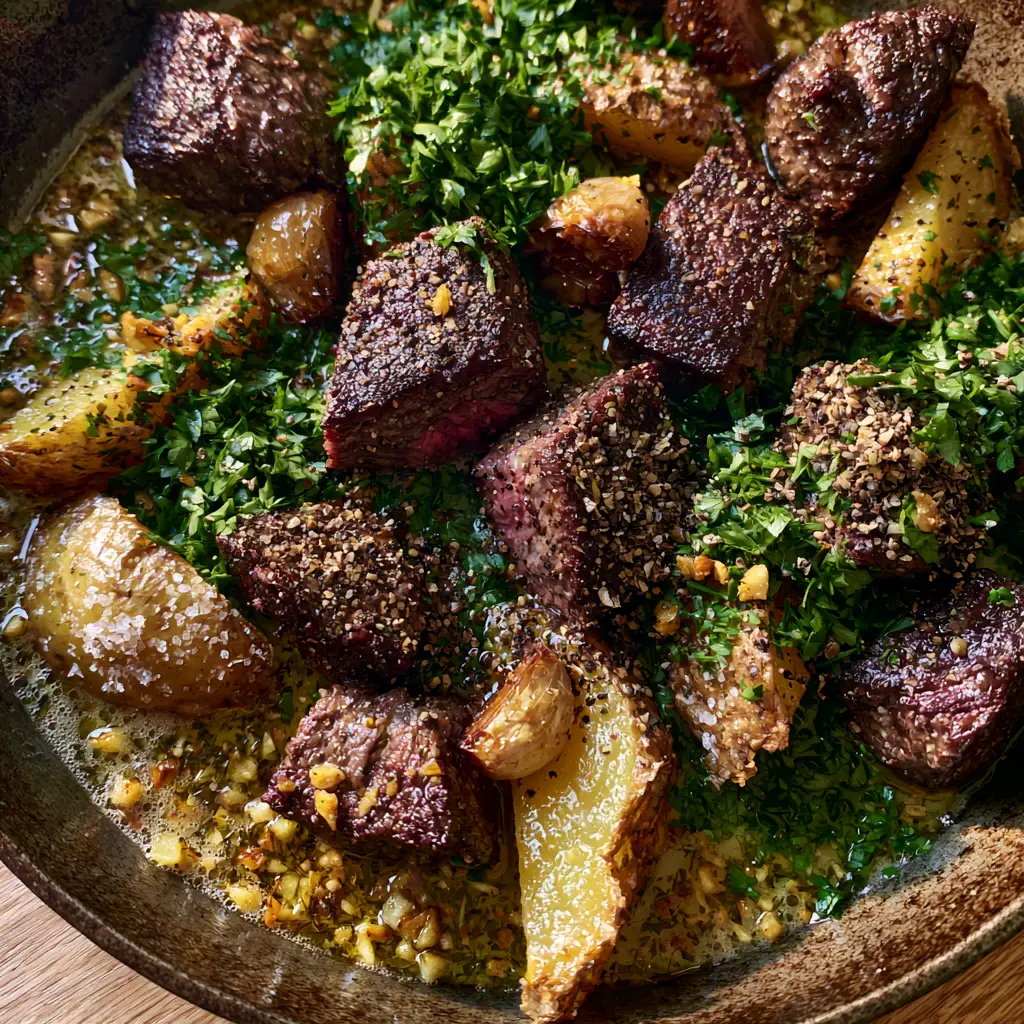 Steak bites and potatoes with Garlic Herb Butter (Cast Iron Recipe) 2 Close-up of seared ribeye steak bites with a dark crust and crispy golden Yukon Gold potato wedges in a cast iron skillet. (steak bites and potatoes)