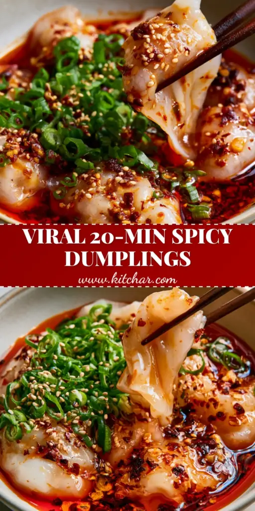 Spicy Potato Dumplings with Sizzling Garlic Chili Oil 4 A close-up of glossy, translucent spicy potato dumplings in a vibrant red chili oil sauce being lifted by chopsticks.