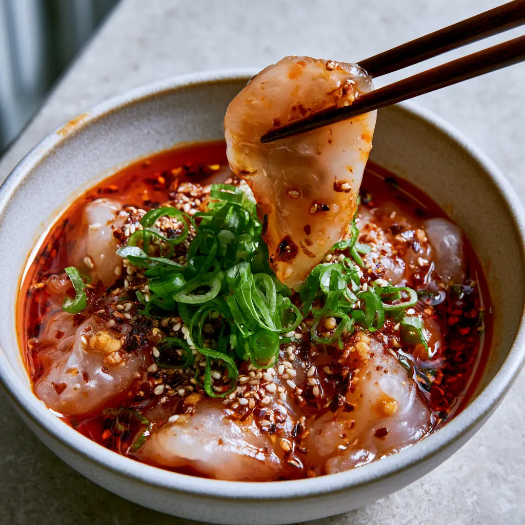 Spicy Potato Dumplings with Sizzling Garlic Chili Oil 2 Shallow matte bowl filled with bouncy spicy potato dumplings topped with toasted chili flakes and green scallions.