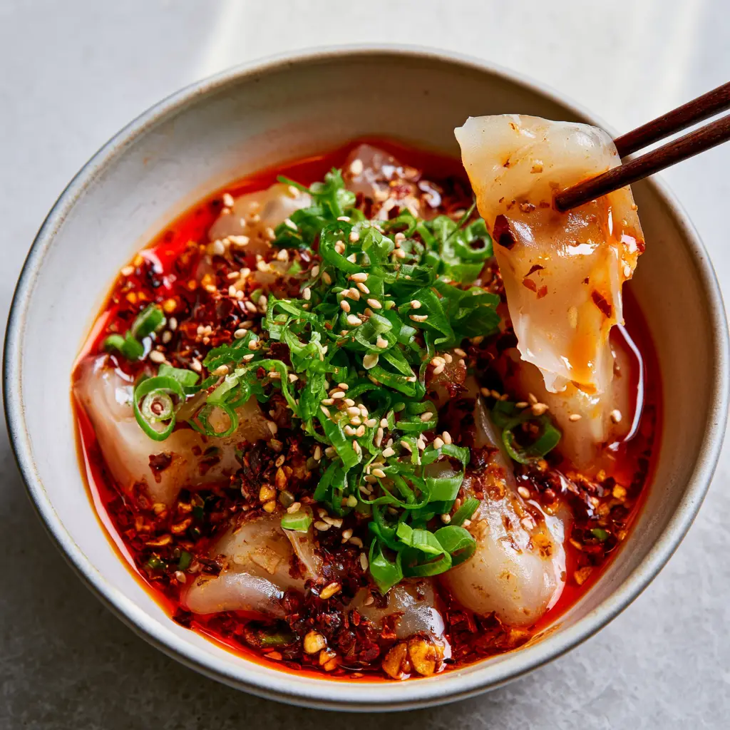 Spicy Potato Dumplings with Sizzling Garlic Chili Oil 1 Macro shot of a single spicy potato dumpling showing the elastic stretch and golden garlic bits.