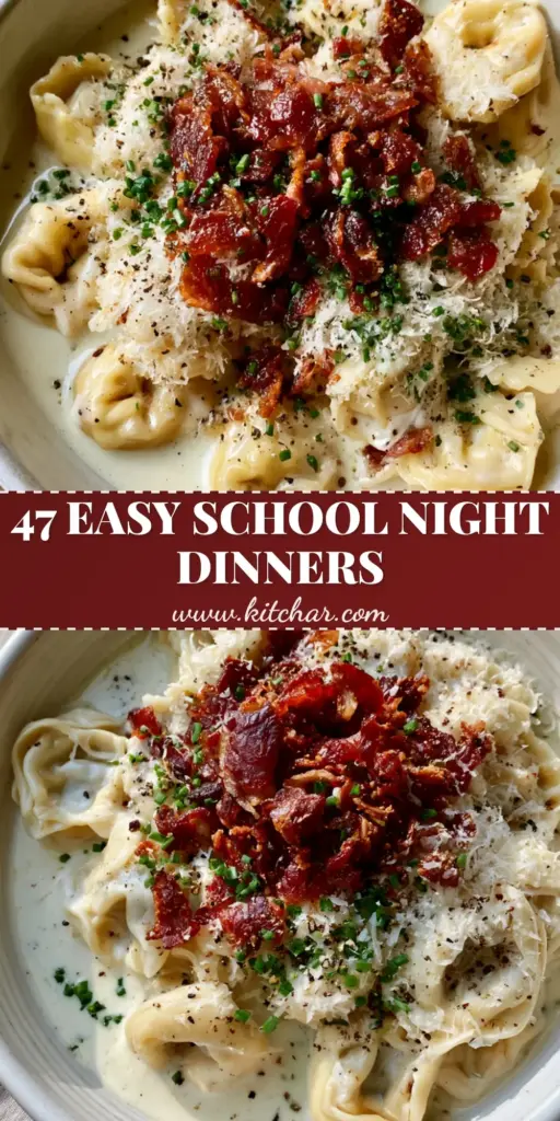 Back to School Dinner Ideas: Creamy Garlic Butter Tortellini with Crispy Pancetta 3 A close-up of a white bowl filled with creamy garlic butter tortellini topped with crispy pancetta and chives. (Back to School Dinner Ideas)