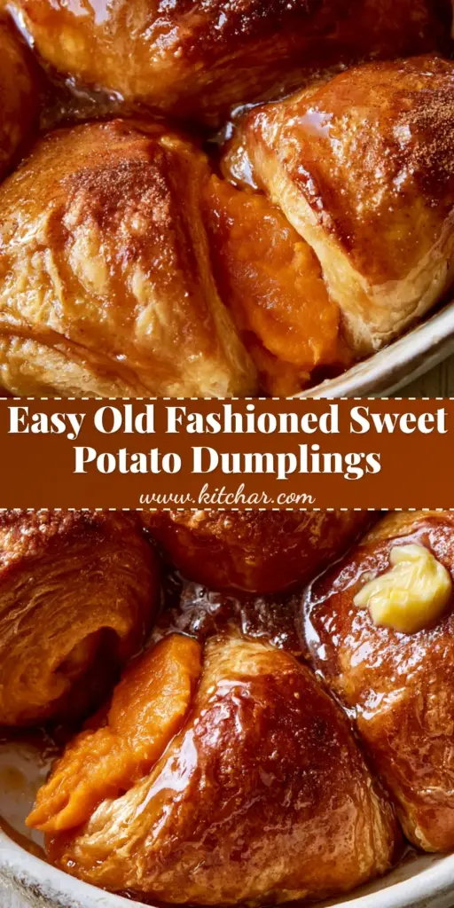 Sweet Potato Dumplings with Flaky Crescent Roll Crust and Amber Syrup 4 A close-up shot of Sweet Potato Dumplings in a white dish with thick bubbling amber cinnamon-sugar syrup and steam vapor.