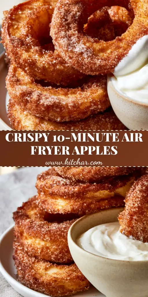 A stack of thick-cut air fryer cinnamon apple rings with a heavy sparkling sugar crust being dipped into white Greek yogurt.