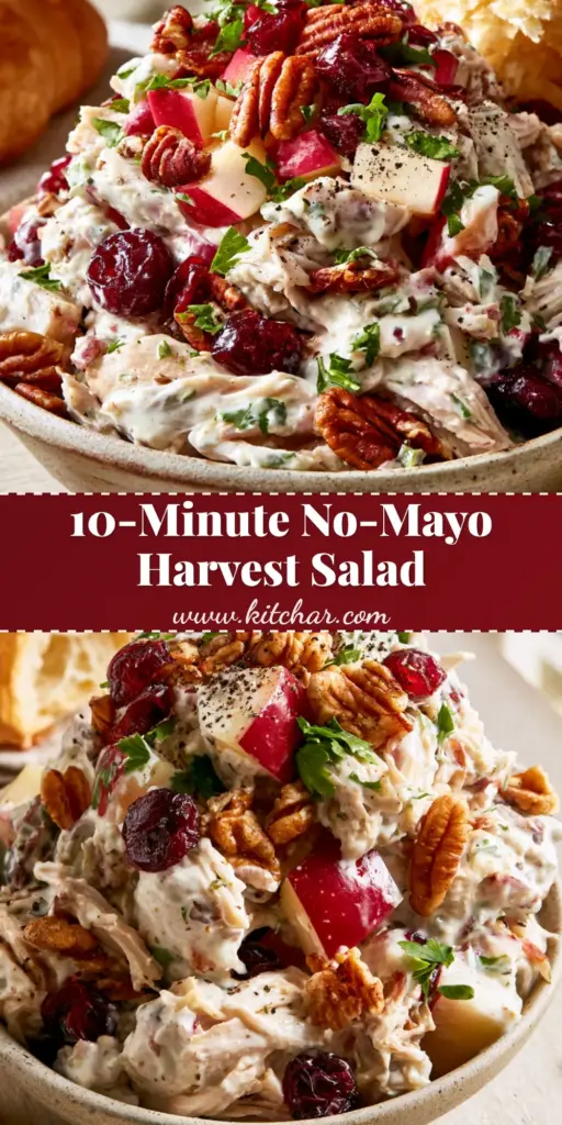 Harvest Chicken Salad: The Ultimate Creamy Greek Yogurt Recipe 3 A gourmet Harvest Chicken Salad piled high in a rustic bowl with rotisserie chicken, Honeycrisp apples, and pecans, served with a croissant.