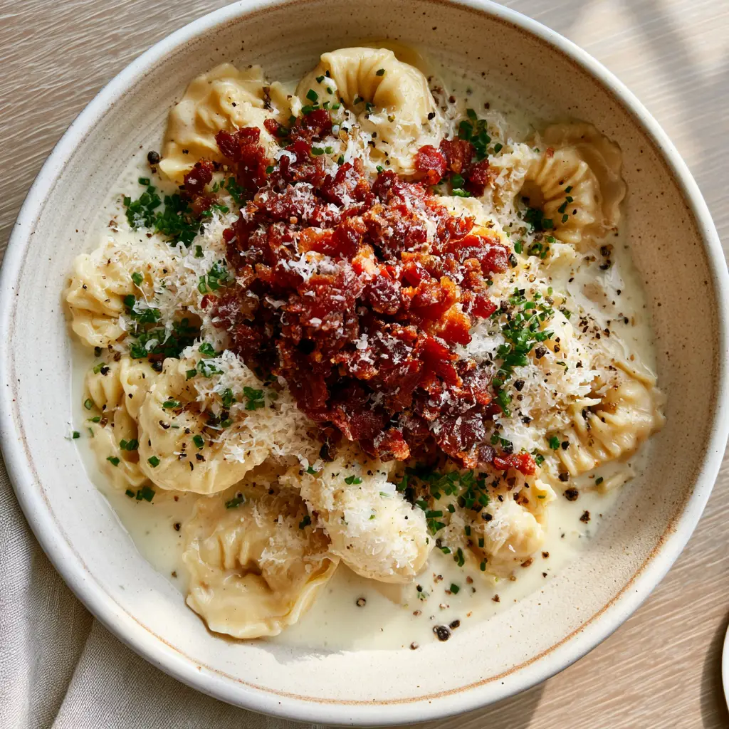 Back to School Dinner Ideas: Creamy Garlic Butter Tortellini with Crispy Pancetta 2 Handheld smartphone photo of al dente tortellini in a glossy white sauce with a mountain of parmesan. (Back to School Dinner Ideas)