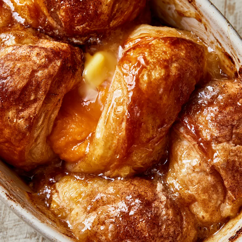 Sweet Potato Dumplings with Flaky Crescent Roll Crust and Amber Syrup 2 Macro top-down view of golden-brown crescent roll Sweet Potato Dumplings with buttery layers and amber syrup.