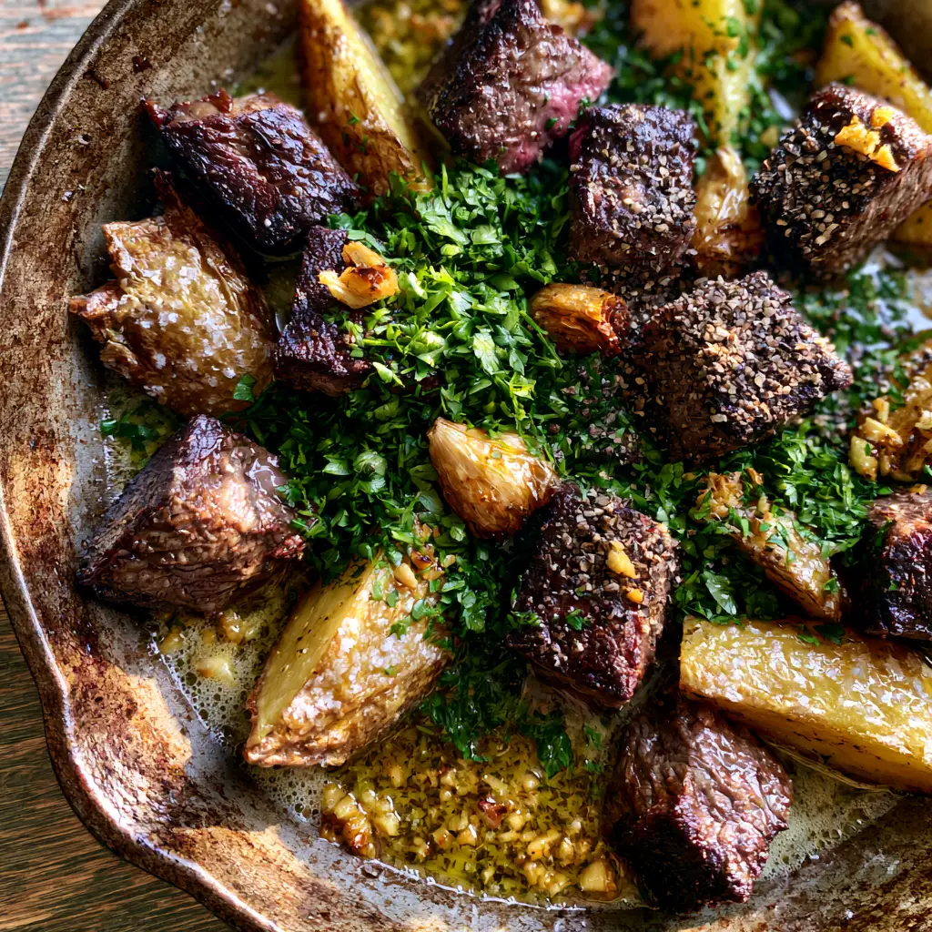Steak bites and potatoes with Garlic Herb Butter (Cast Iron Recipe) 1 Bubbling garlic herb butter surrounding golden-brown steak bites and potatoes with visible salt crystals and fresh parsley.