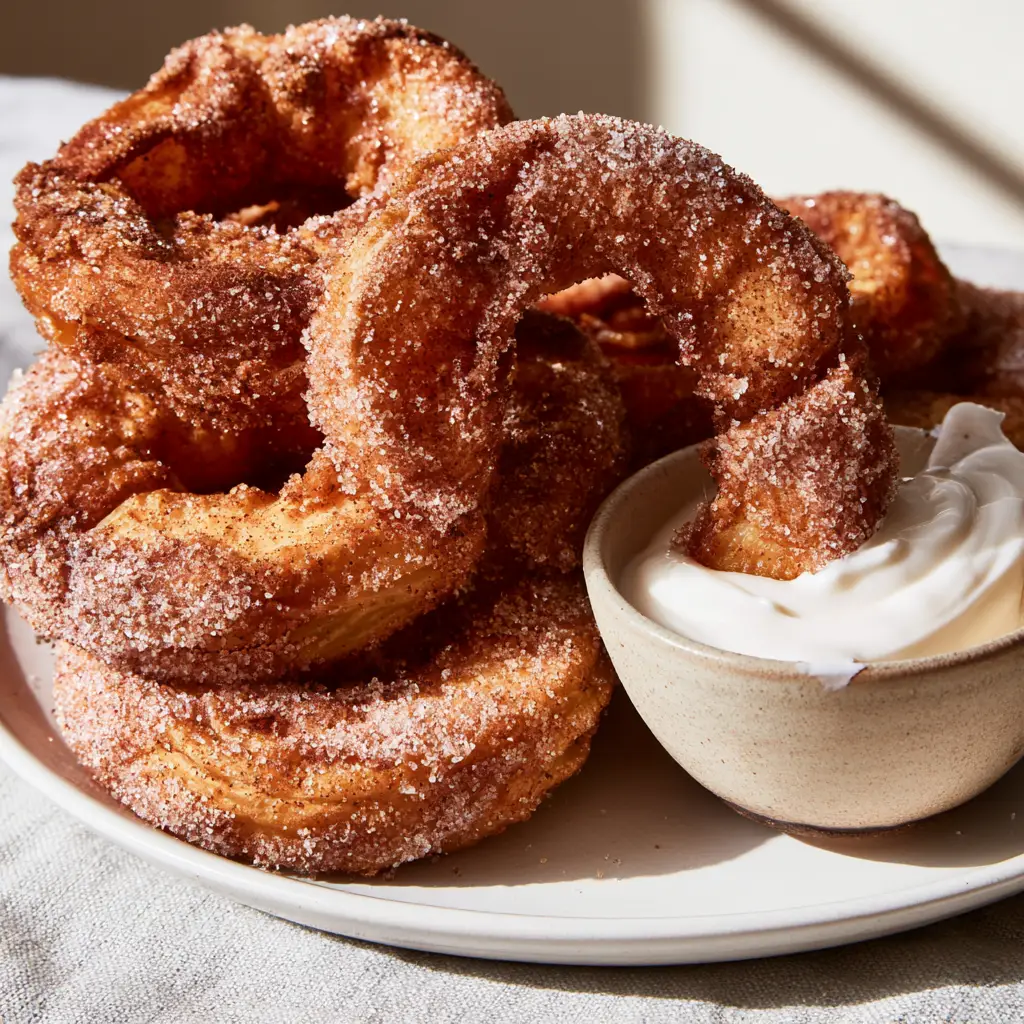 Close-up of golden-brown air fryer cinnamon apple rings showing the granular texture of sparkling sugar crystals.