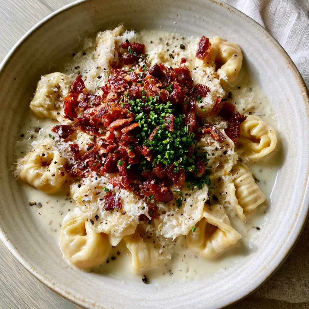 Back to School Dinner Ideas: Creamy Garlic Butter Tortellini with Crispy Pancetta 1 Close-up of crispy deep-red pancetta bits and micro-planed parmesan over creamy pasta pillows.