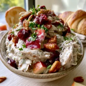 Close up of Harvest Chicken Salad showing shredded rotisserie chicken, red-skinned apples, and thick Greek yogurt dressing.