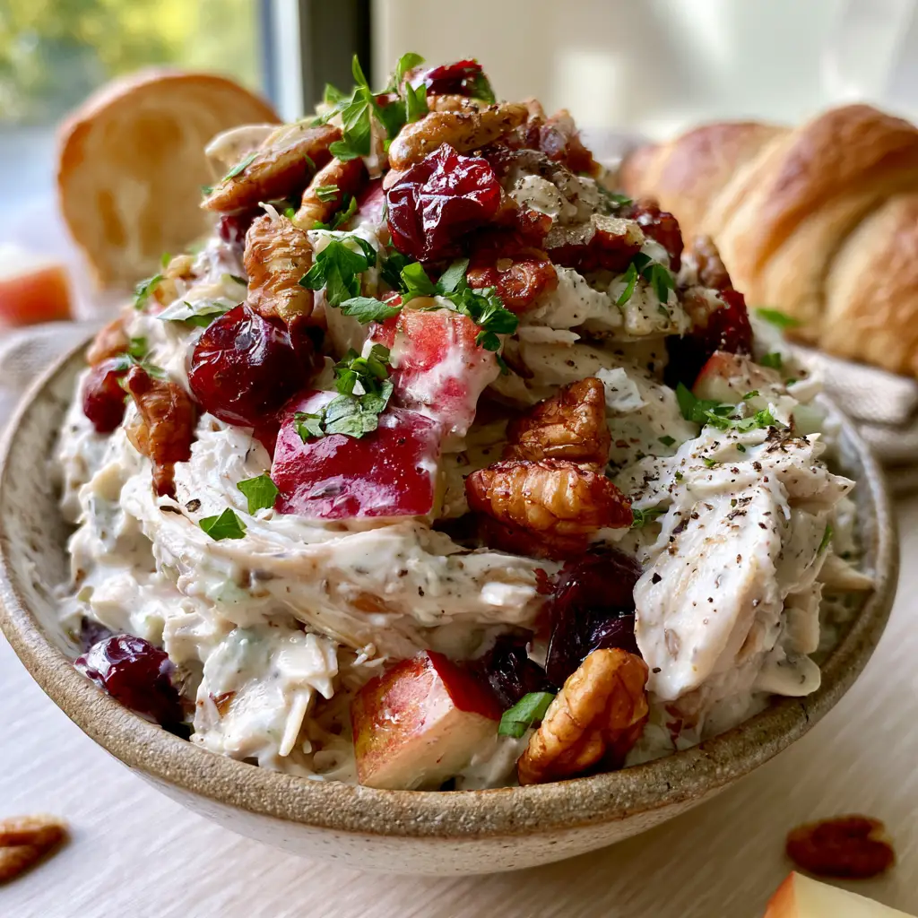 Close up of Harvest Chicken Salad showing shredded rotisserie chicken, red-skinned apples, and thick Greek yogurt dressing.