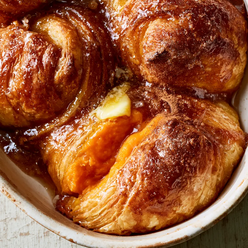 Sweet Potato Dumplings with Flaky Crescent Roll Crust and Amber Syrup 1 Sweet Potato Dumplings showing a peek of vibrant orange filling through the golden-brown pastry in a ceramic dish.