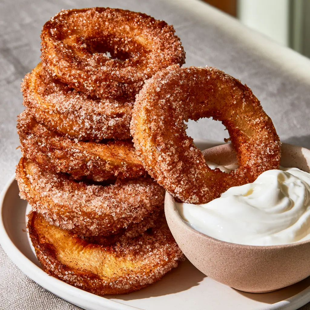 Thick-cut apple rings air fried to a deep golden-brown, served on a minimalist white ceramic plate.