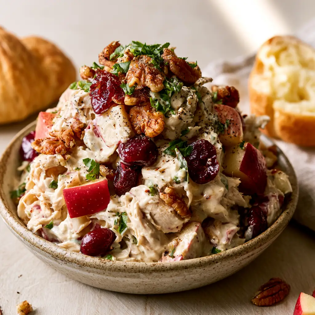 Harvest Chicken Salad: The Ultimate Creamy Greek Yogurt Recipe 1 Harvest Chicken Salad served on a rustic table with a flaky croissant and fresh spring mix greens.