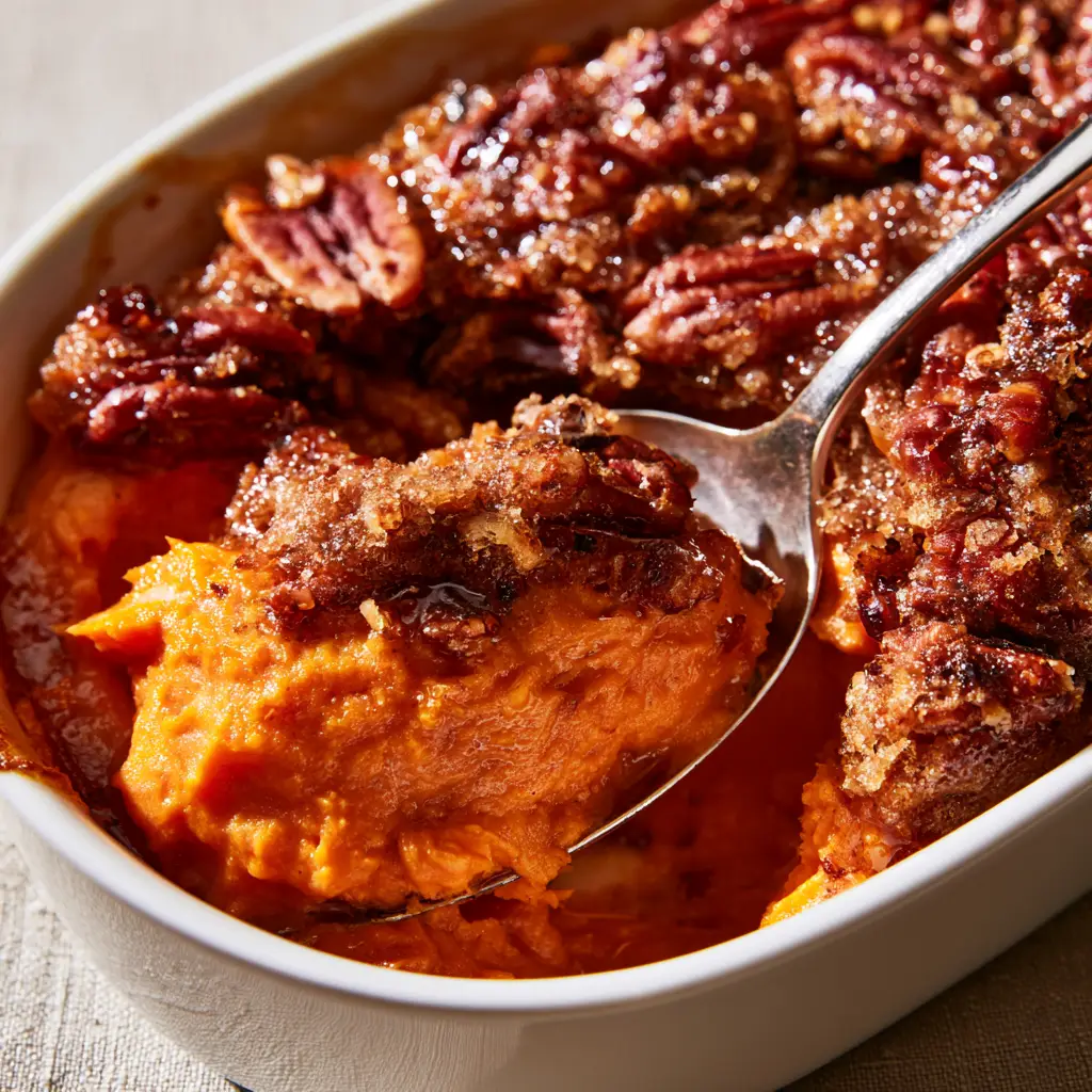 Close up of the airy interior of a Sweet potato souffle inside a white ceramic dish, steaming slightly.