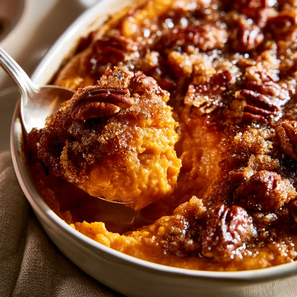 Sweet potato souffle: The Ultimate Fluffy Holiday Side Dish 1 Golden brown pecan halves and caramelized sugar topping on a Sweet potato souffle.