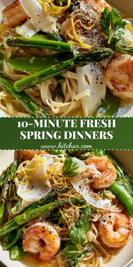Spring Recipes: Lemon Butter Shrimp Linguine with Charred Asparagus 3 A close-up vertical shot of a vibrant spring pasta bowl with shrimp and charred asparagus. (spring recipes)