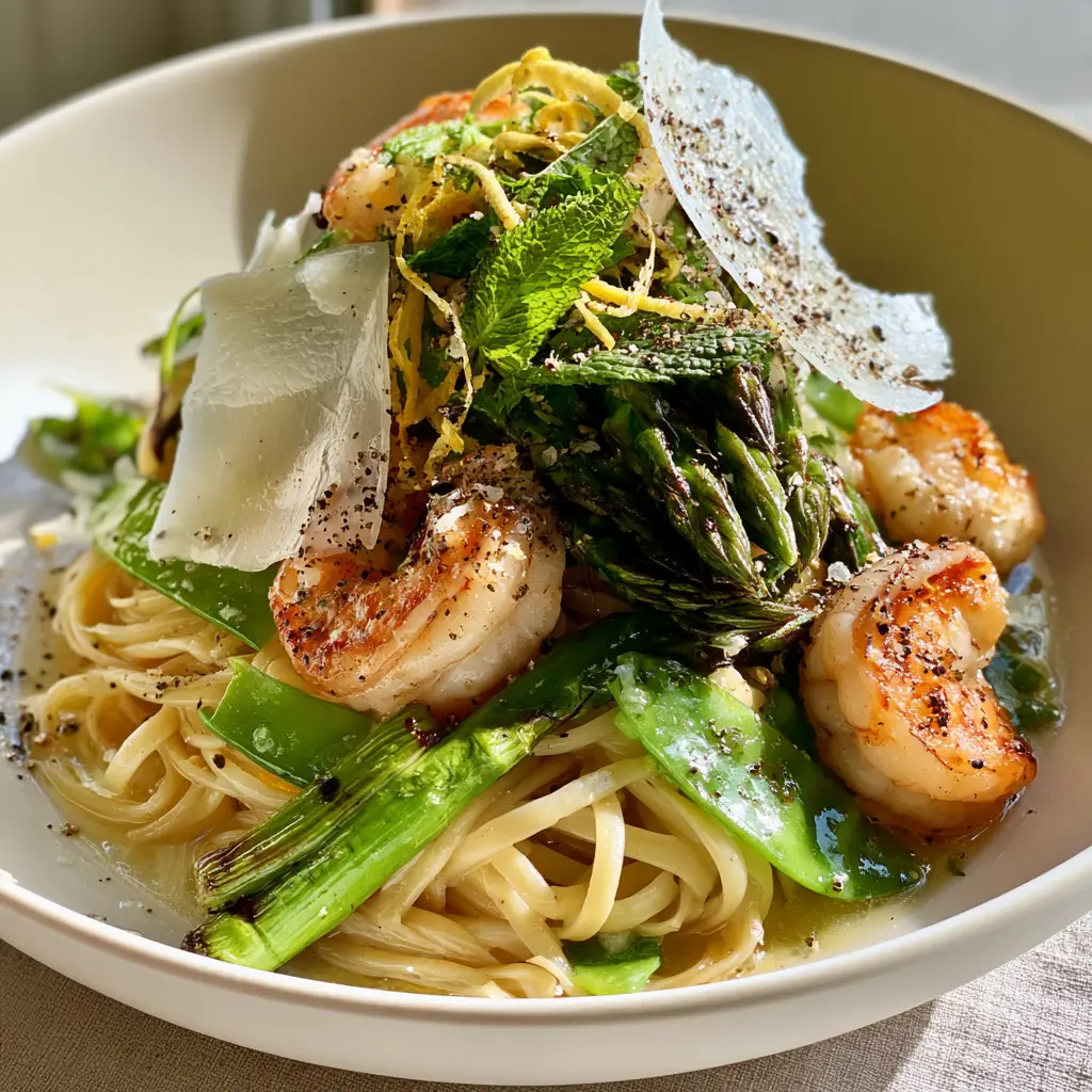 Overhead view of a matte cream ceramic bowl filled with glossy linguine, seared shrimp, and bright green asparagus tips. (spring recipes)