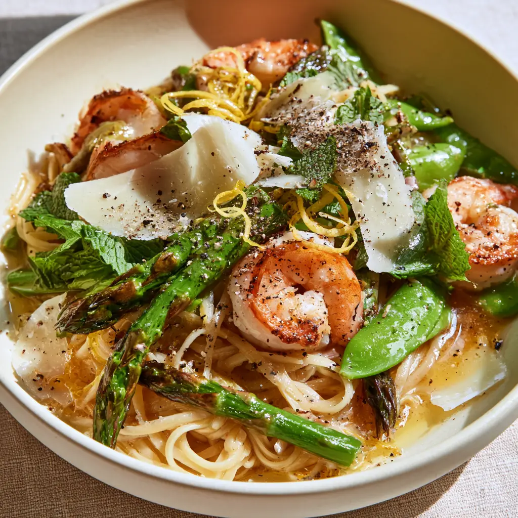 Spring Recipes: Lemon Butter Shrimp Linguine with Charred Asparagus 1 Close-up detail of charred asparagus, seared jumbo shrimp, and shaved parmesan ribbons over linguine.