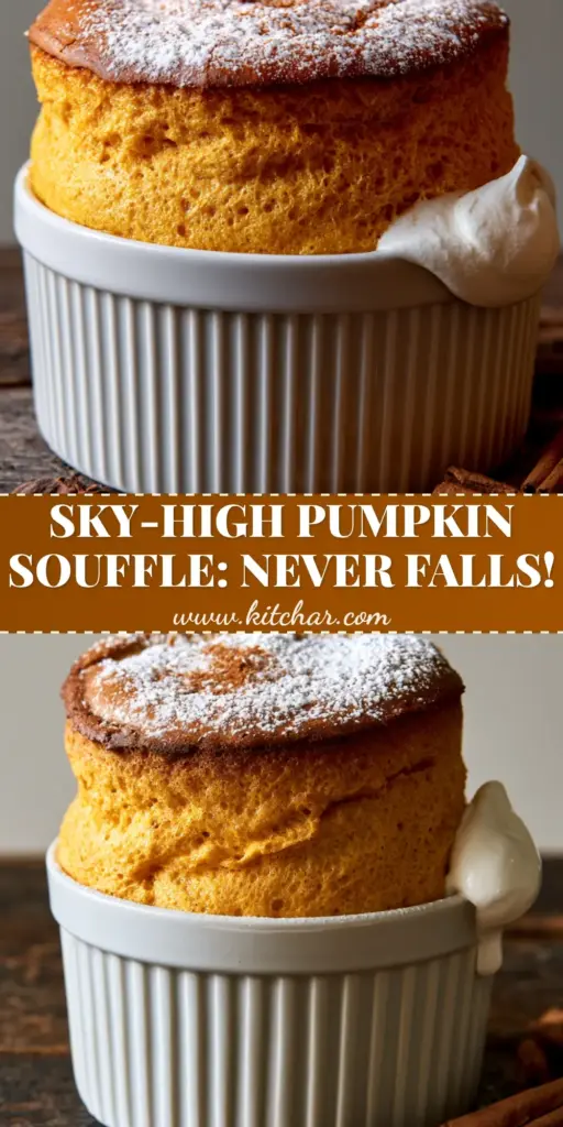 A towering pumpkin soufflé rising 3 inches above a white ribbed ramekin, dusted with powdered sugar and topped with Chantilly cream.