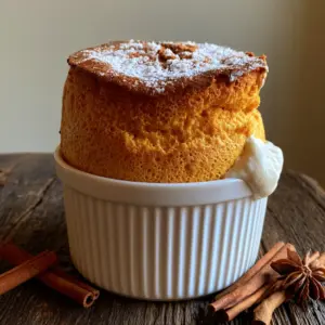 Side-angle macro shot showing the airy texture and micro-air bubbles of a pumpkin soufflé crown.