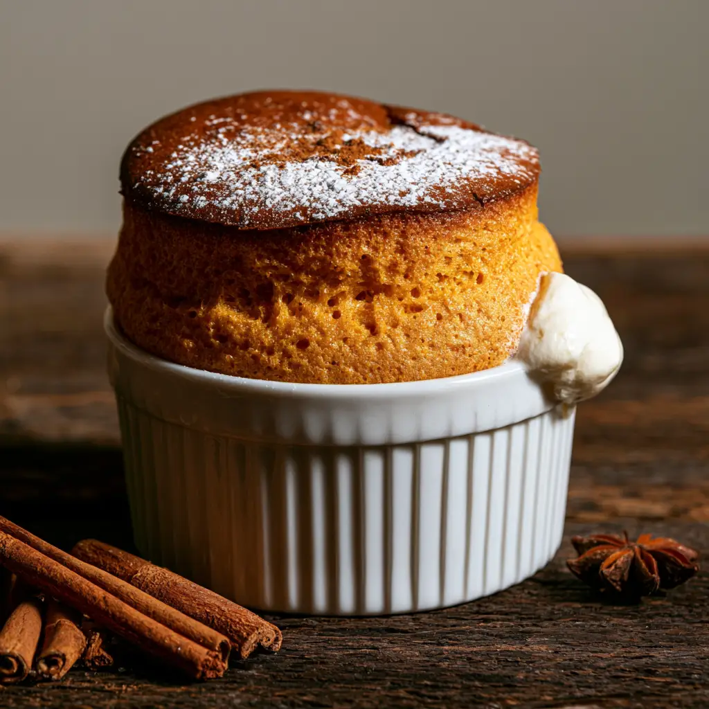 A pumpkin soufflé on a dark wood table garnished with cinnamon sticks and a single star anise.
