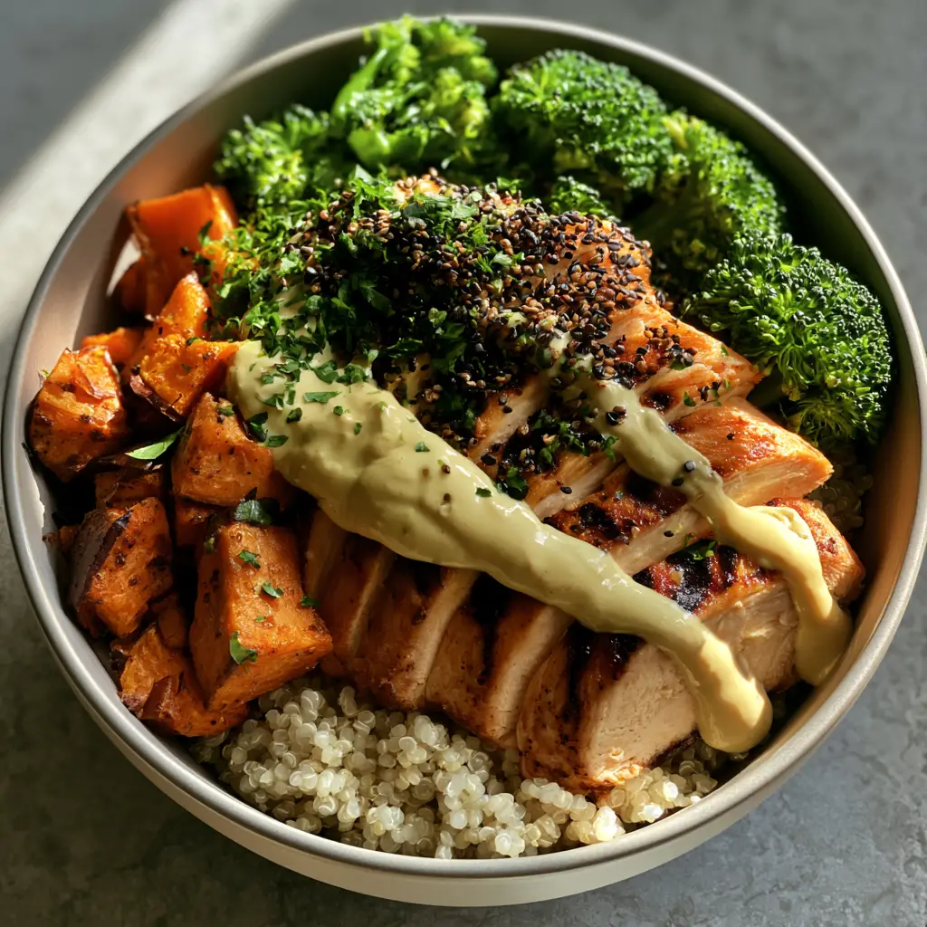 High Protein Bowl Meals: Seared Chicken and Roasted Sweet Potato Quinoa Bowls 1 Close up of thick slices of juicy chicken with char marks and a garlic tahini sauce zigzag drizzle.