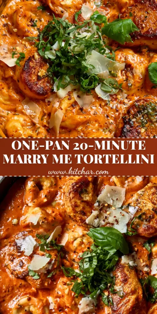 Marry Me Chicken Tortellini with Creamy Sun-Dried Tomato Sauce 4 A rustic black skillet of Marry Me Chicken Tortellini with seared chicken, creamy sun-dried tomato sauce, and fresh basil chiffonade.