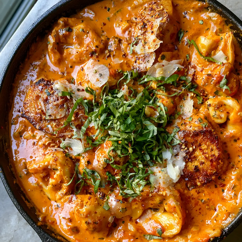 Close up of golden-brown seared chicken medallions and cheese tortellini in a thick glossy orange-red cream sauce. (Marry Me Chicken Tortellini)