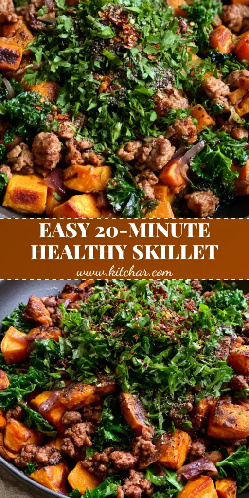 Ground Turkey Sweet Potato Skillet with Crispy Kale and Caramelized Onions 4 A high-angle photo of a matte black skillet featuring a Ground Turkey Sweet Potato Skillet with caramelized potato cubes and wilted kale.