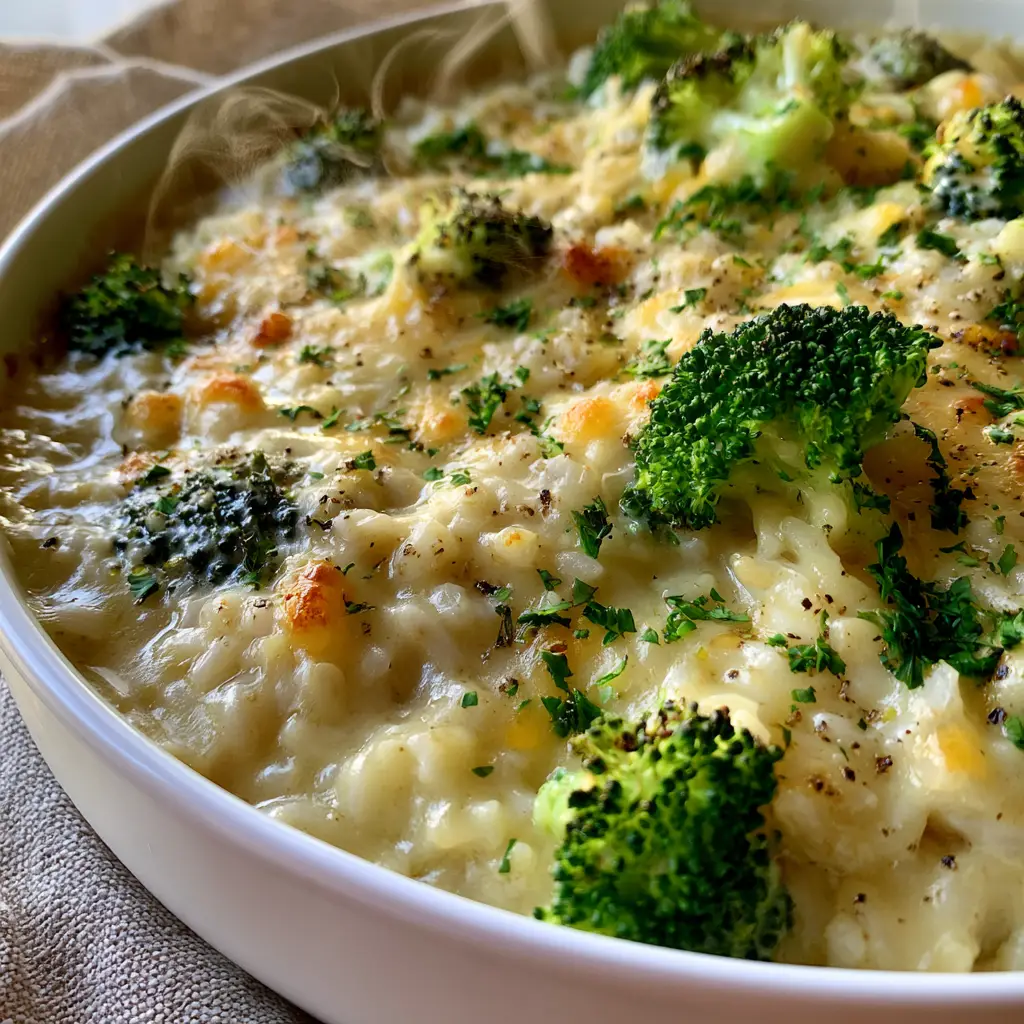 Extreme close-up of Broccoli Rice Casserole showing fluffy individual rice grains and emerald broccoli in cheese sauce.