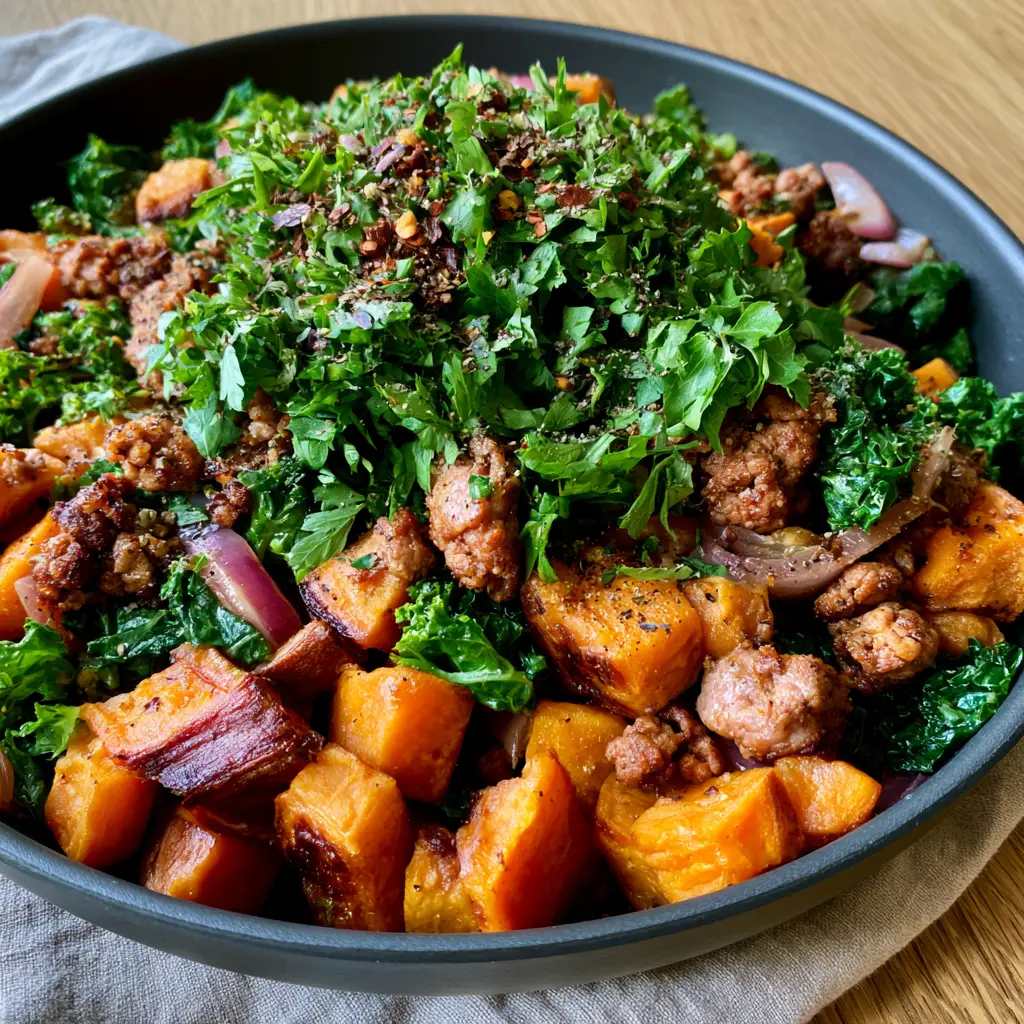 Close up of caramelized sweet potato cubes and seared ground turkey in a Ground Turkey Sweet Potato Skillet.