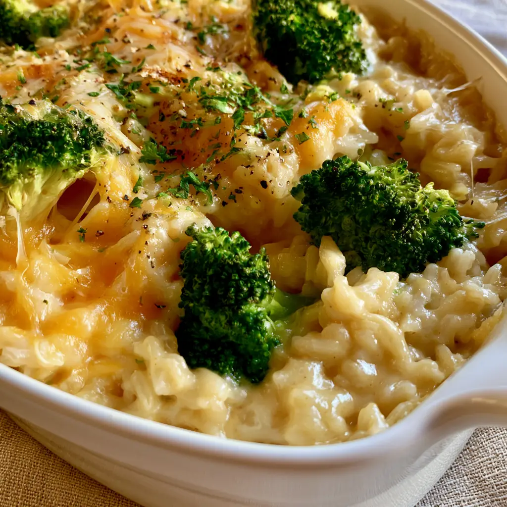 Broccoli Rice Casserole with Velvety Homemade Cheese Sauce 1 45-degree angle of Broccoli Rice Casserole in a white matte dish with toasted yellow cheddar bubbles and steam.