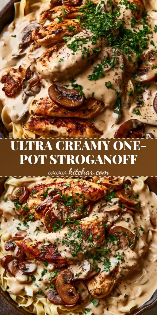 A top-down view of a rustic cast iron skillet filled with Chicken Stroganoff featuring golden seared chicken, glossy mushroom cream sauce, and buttery egg noodles garnished with parsley.