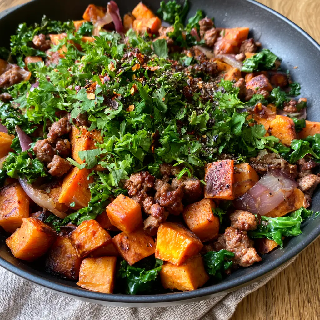 Ground Turkey Sweet Potato Skillet with Crispy Kale and Caramelized Onions 1 Ground Turkey Sweet Potato Skillet topped with fresh parsley and red pepper flakes in a matte black pan.