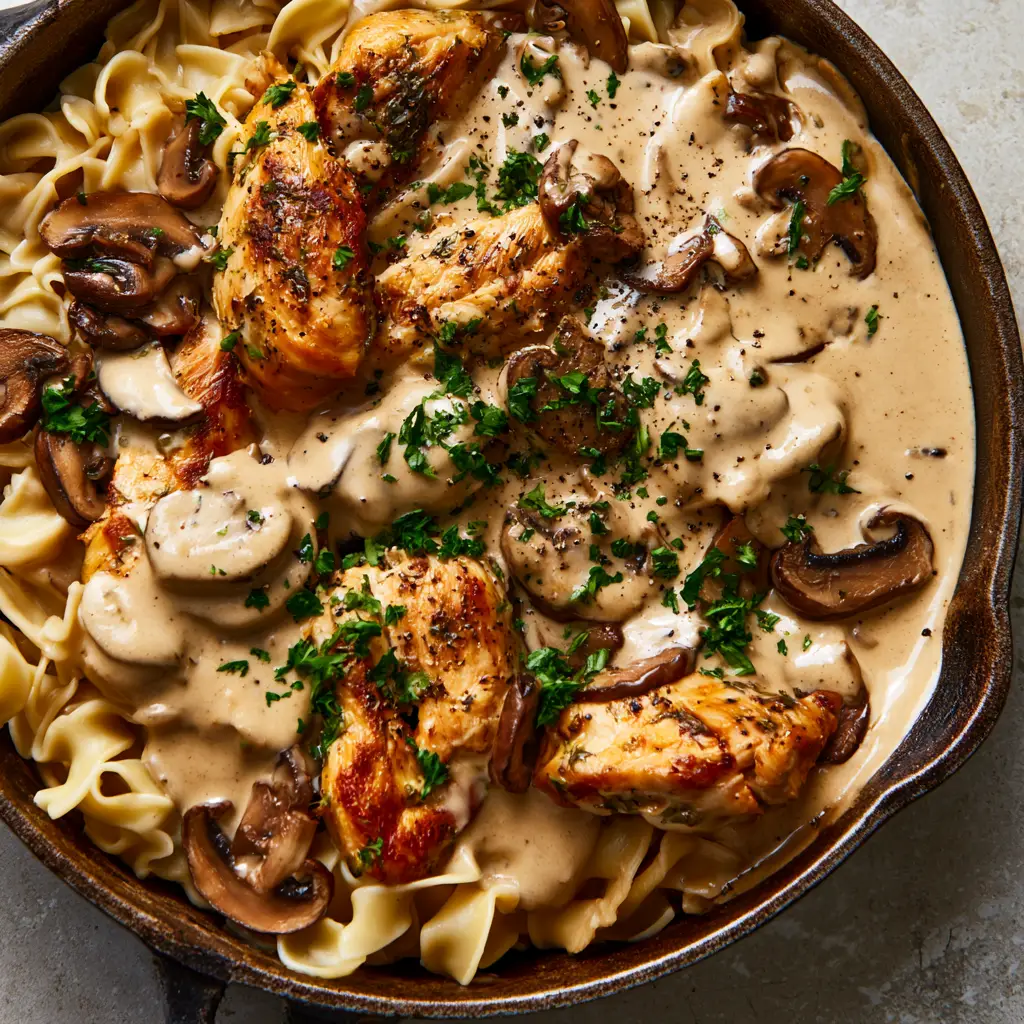 Close up of glossy light beige mushroom cream sauce and golden-brown seared chicken strips in a Chicken Stroganoff dish.