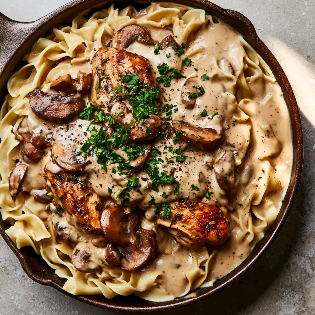 Wide curly egg noodles drenched in a velvety cream sauce with sautéed cremini mushrooms and cracked black pepper.