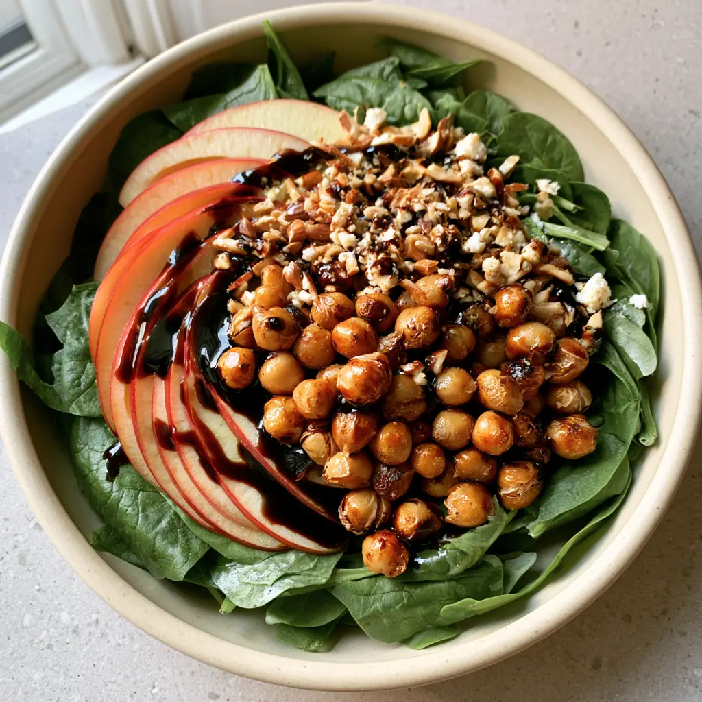 Spinach Apple Chickpea Salad with Glossy Maple Balsamic Glaze 2 Smartphone photo of a spinach apple chickpea salad in an artisanal cream bowl with natural window lighting highlighting the glossy dressing. (spinach apple chickpea salad)