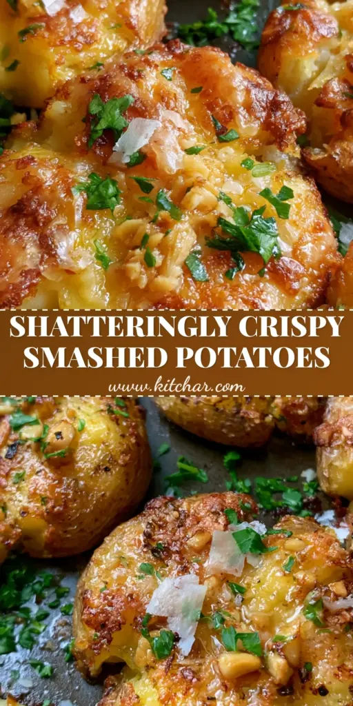 Garlic Parmesan Smashed Potatoes with Ultra-Crispy Jagged Edges 5 A close-up shot of garlic parmesan smashed potatoes on a dark pan, featuring crispy jagged edges, melted cheese, and fresh parsley.