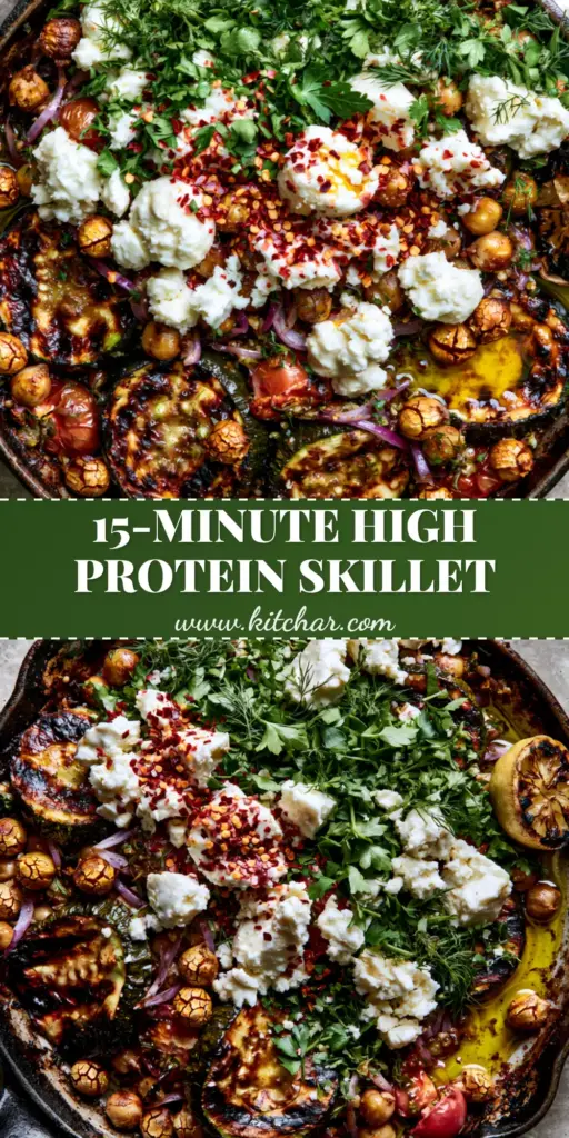 Zucchini Chickpea Skillet with Blistered Tomatoes and Feta 3 A top-down view of a Zucchini Chickpea Skillet in a cast iron pan featuring charred zucchini, crispy chickpeas, burst tomatoes, and feta cheese.
