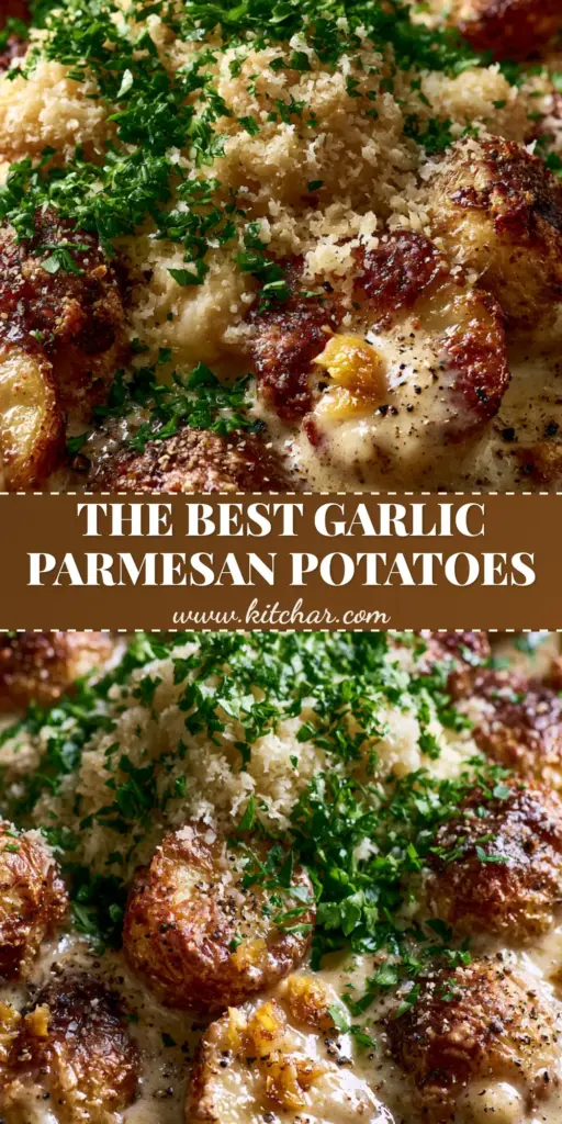 A vertical shot of creamy garlic baby potatoes in a cast iron skillet, topped with parmesan snow and parsley.
