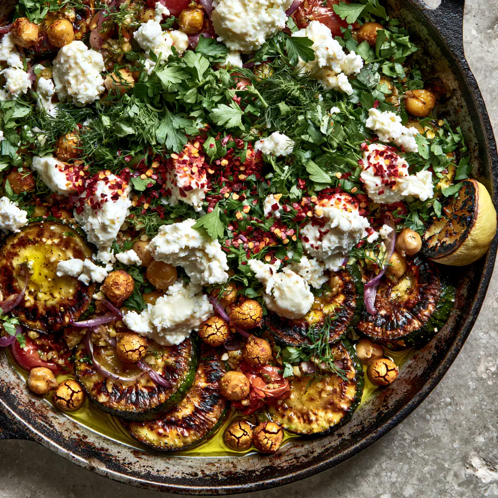 Zucchini Chickpea Skillet with Blistered Tomatoes and Feta 2 Close-up of charred zucchini and crispy chickpeas in a skillet. (Zucchini Chickpea Skillet)