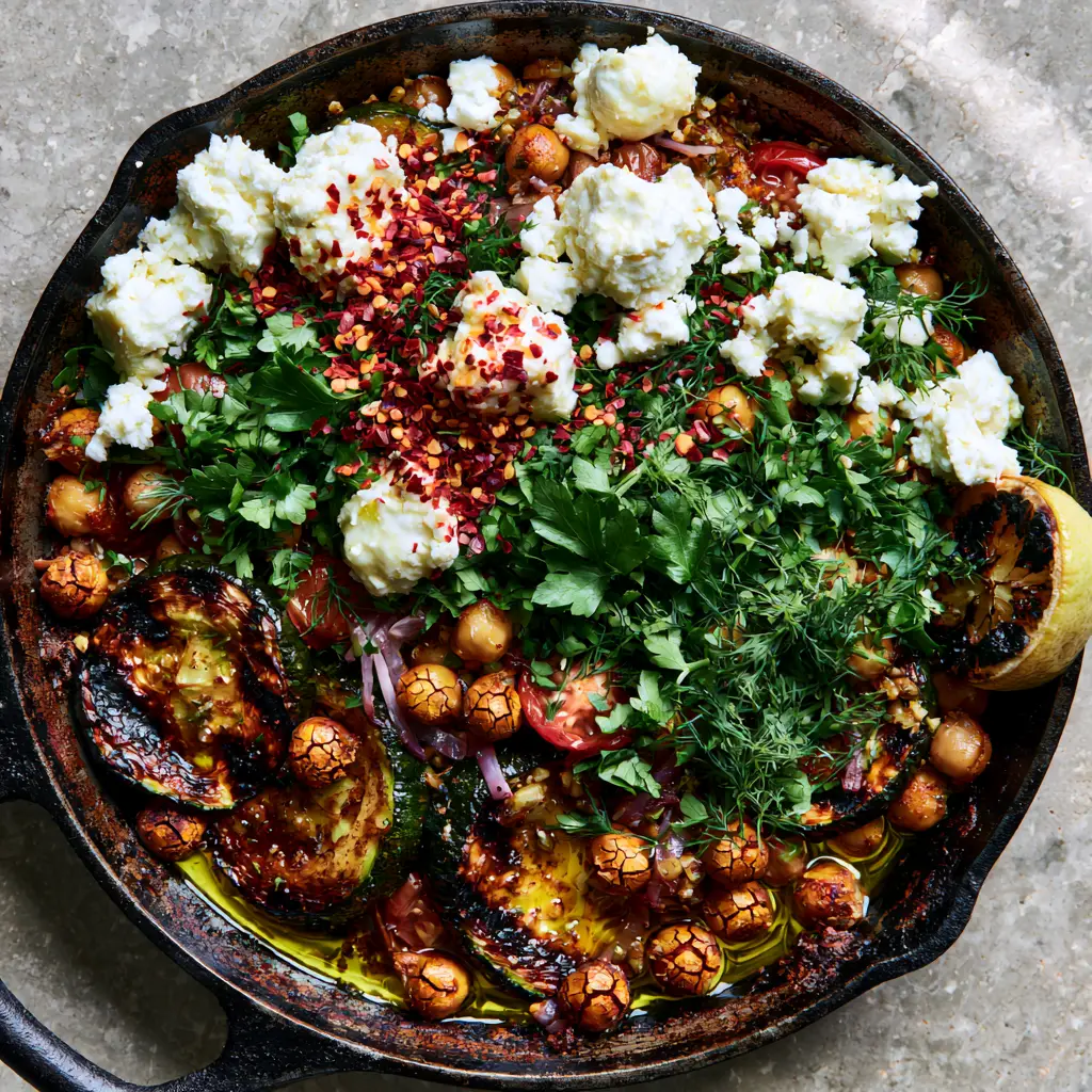 Zucchini Chickpea Skillet with Blistered Tomatoes and Feta 1 Overhead view of a Mediterranean Zucchini Chickpea Skillet garnished with feta and fresh dill.